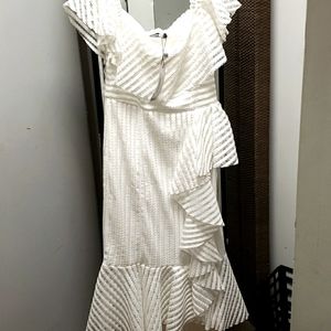 NWT Boohoo Lace Bardot Ruffle Midi White Dress Size 6